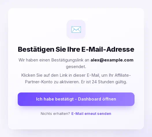 Die Seite Bestätigen Sie Ihre E-Mail-Adresse mit dem Link E-Mail erneut senden