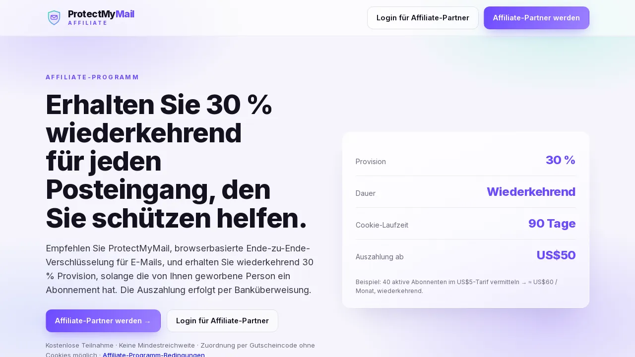 Die Startseite des Affiliate-Portals mit der Schaltfläche Affiliate-Partner werden