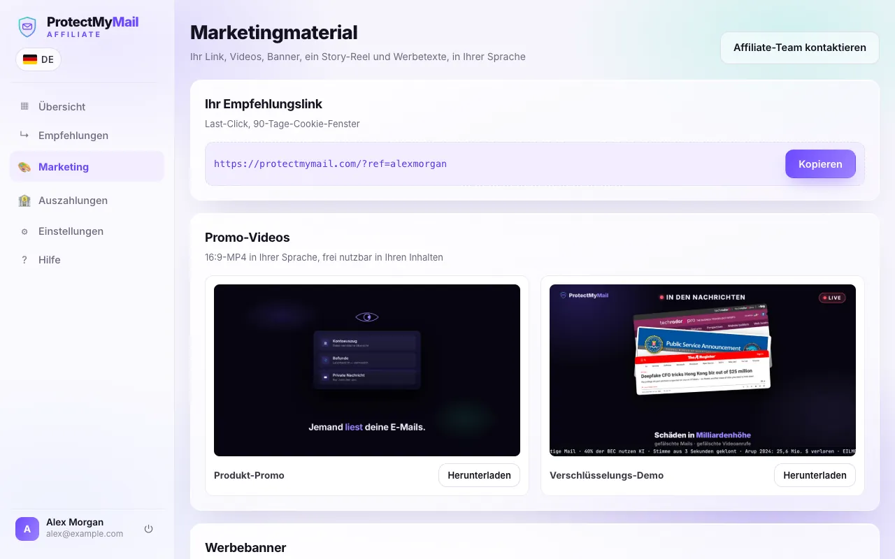Die Seite Marketing mit dem persönlichen Empfehlungslink, der Schaltfläche Kopieren und den Promo-Videos