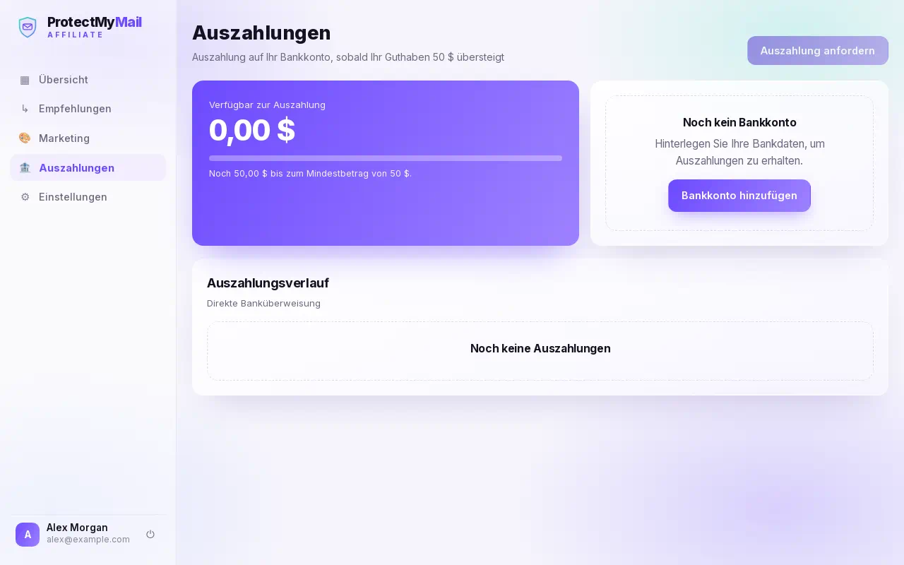 Die Seite Auszahlungen mit dem verfügbaren Guthaben, der Schaltfläche Auszahlung anfordern und dem Auszahlungskonto
