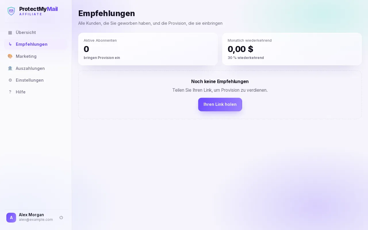 Die Seite Empfehlungen mit aktiven Abonnenten und der monatlich wiederkehrenden Provision