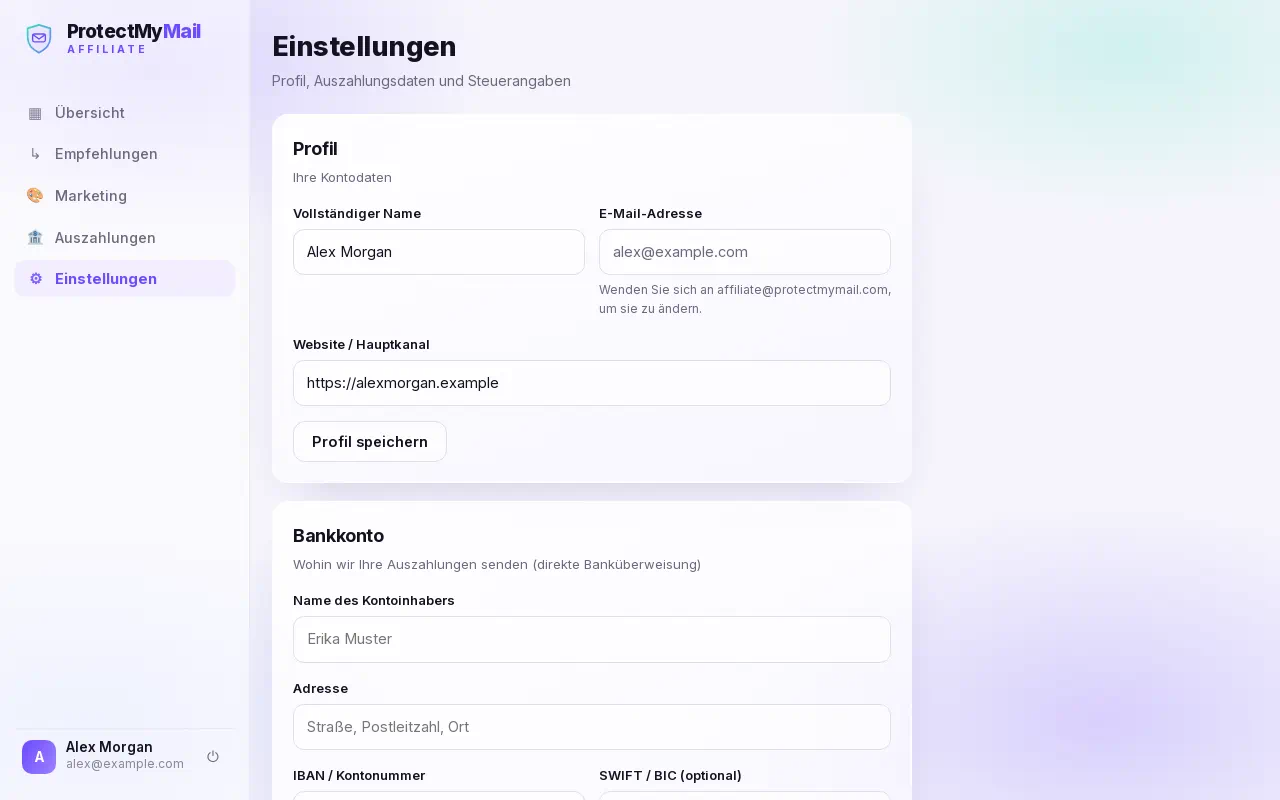 Die Einstellungen mit den Formularen für Profil und Bankkonto