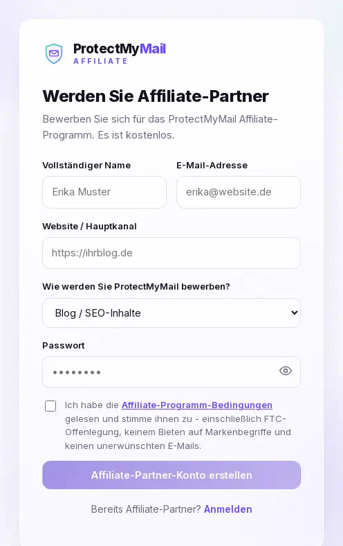 Das Anmeldeformular: Name, E-Mail-Adresse, Website, Werbekanal, Passwort und das Kontrollkästchen für die Bedingungen