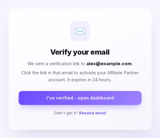 The Verify your email screen with the Resend email link