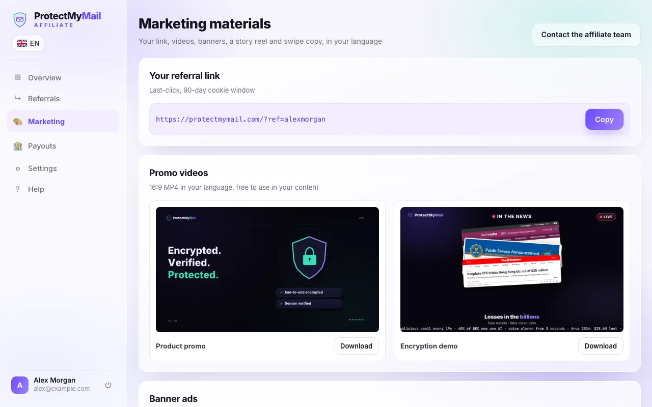 The Marketing page with the personal referral link, the Copy button and the promo videos