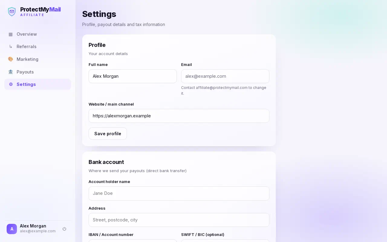 The Settings page with the profile and bank account forms