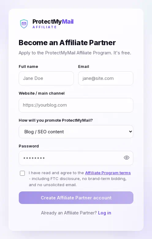 The sign-up form: name, email, website, promotion channel, password and the terms checkbox