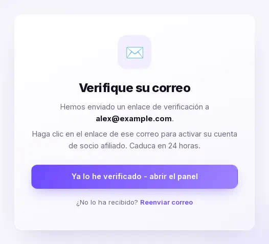 La pantalla Verifique su correo con el enlace Reenviar correo