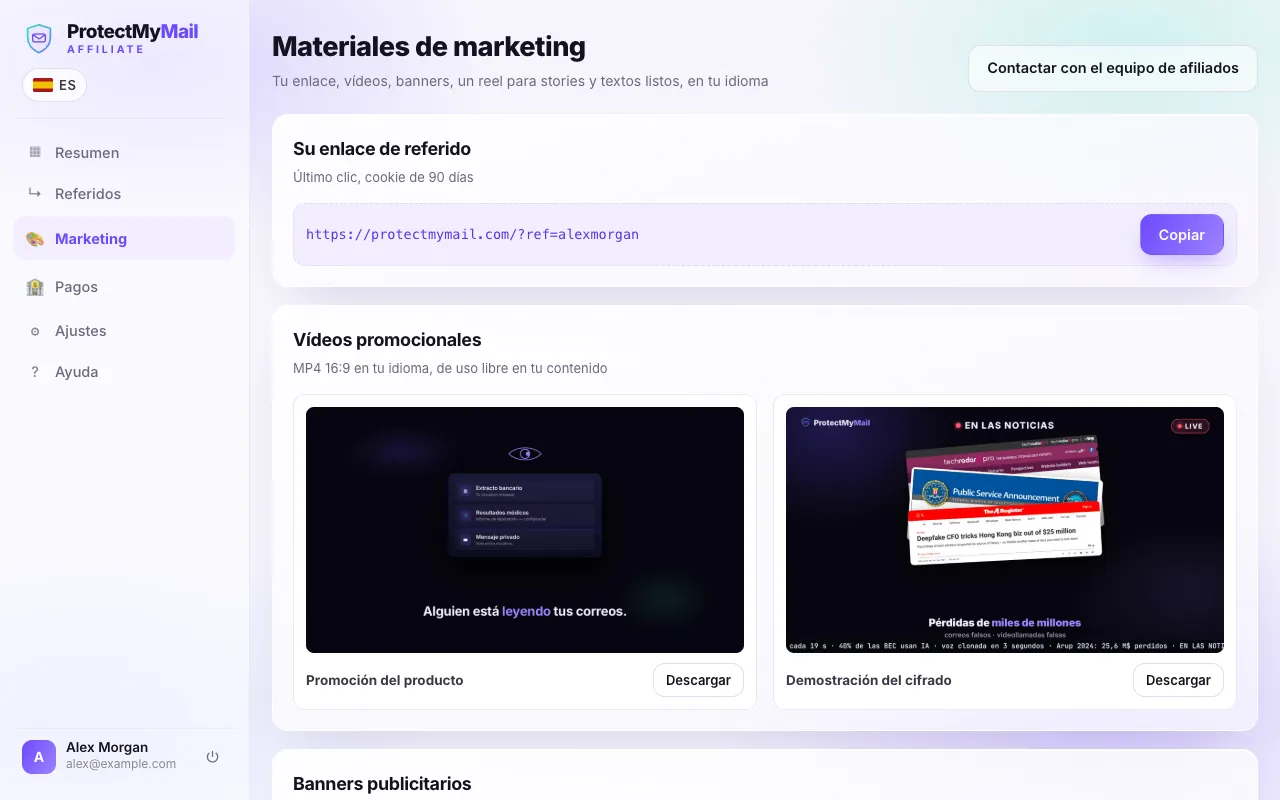 La página Marketing con el enlace de referido personal, el botón Copiar y los vídeos promocionales
