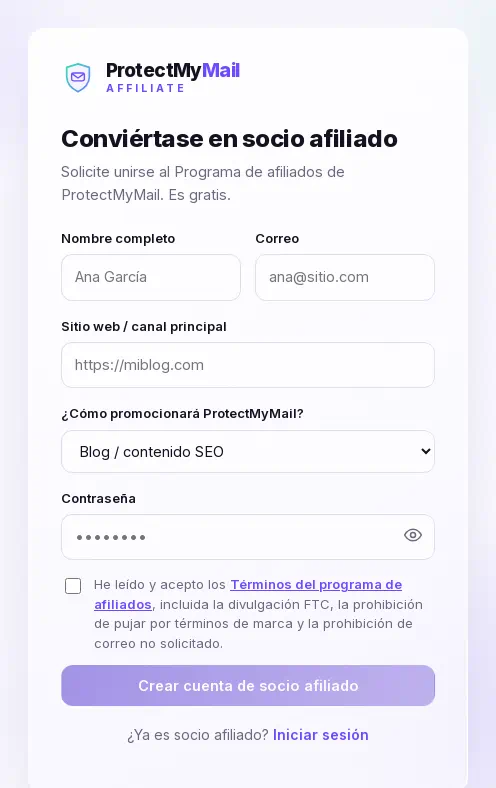 El formulario de registro: nombre, correo, sitio web, canal de promoción, contraseña y la casilla de los términos