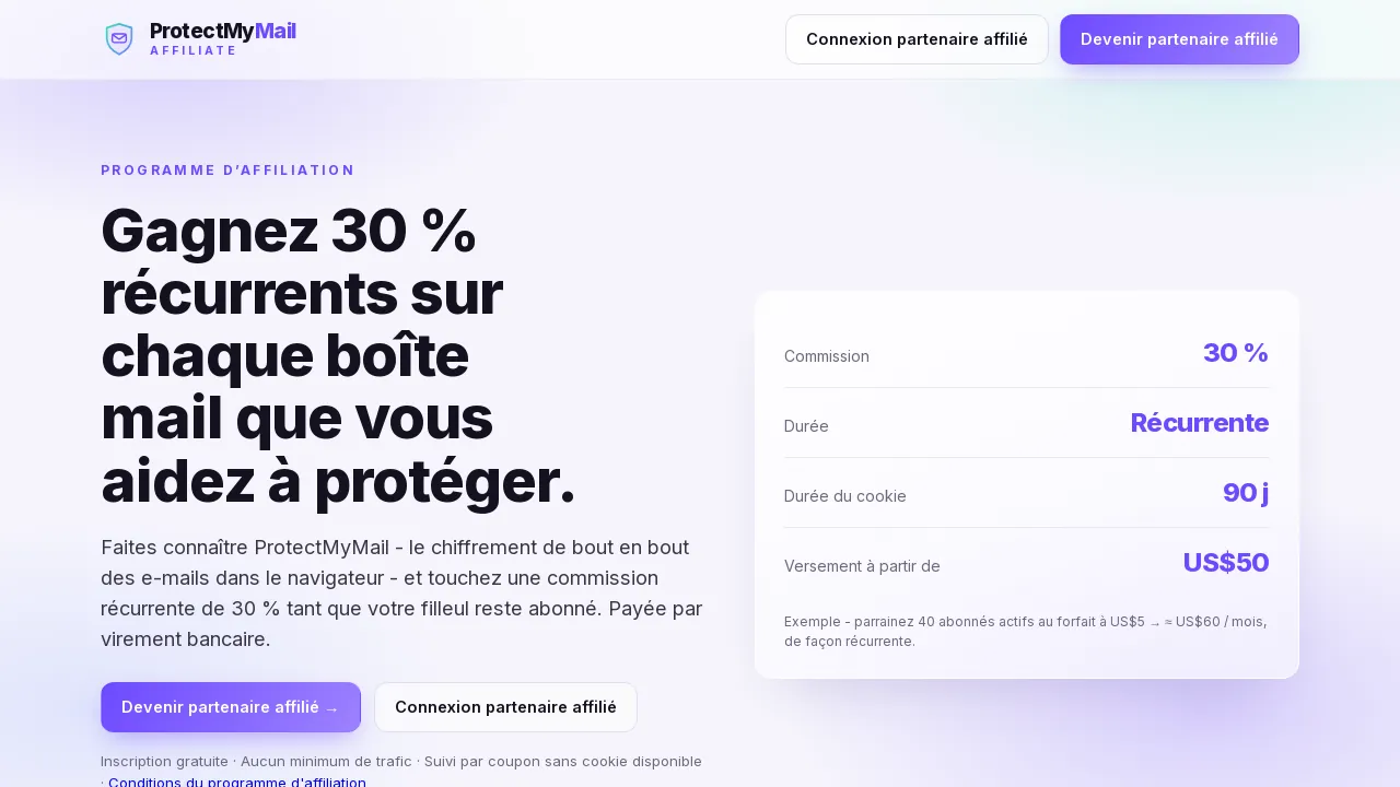 La page d'accueil du portail d'affiliation avec le bouton Devenir partenaire affilié