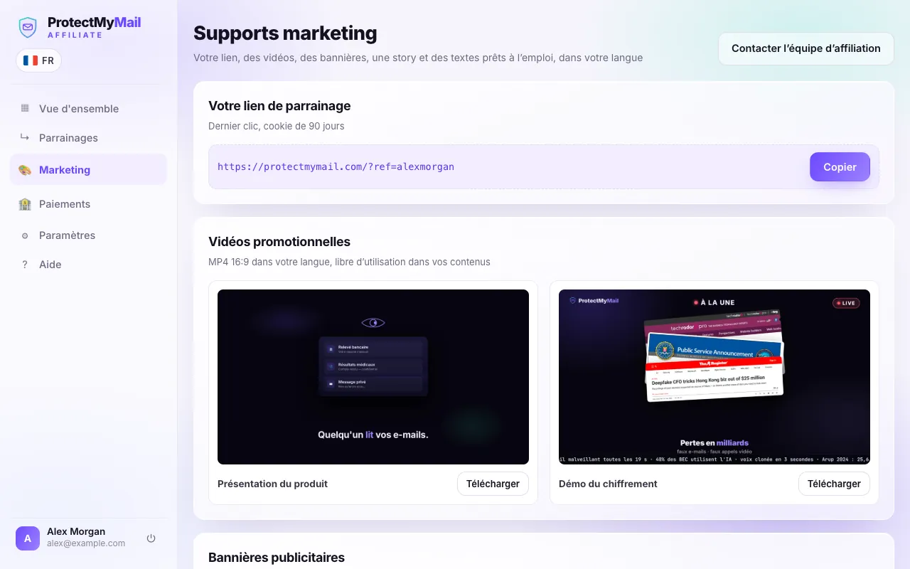 La page Marketing avec le lien de parrainage personnel, le bouton Copier et les vidéos promotionnelles