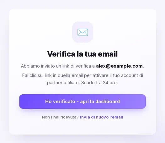 La schermata Verifica la tua email con il link Invia di nuovo l'email