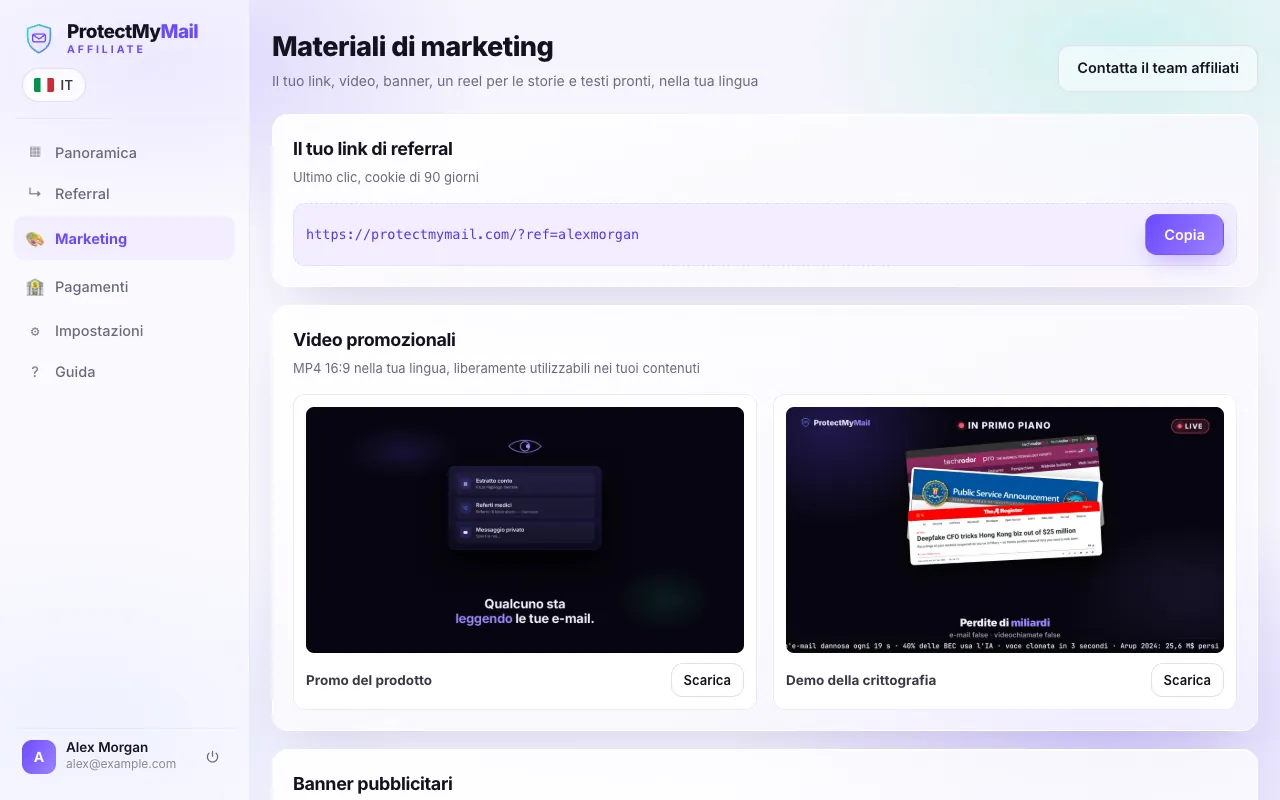 La pagina Marketing con il link di referral personale, il pulsante Copia e i video promozionali