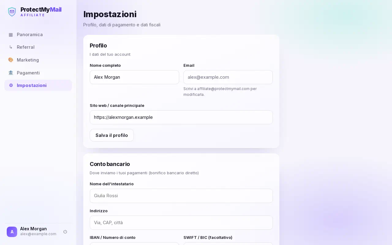 La pagina Impostazioni con i moduli del profilo e del conto bancario