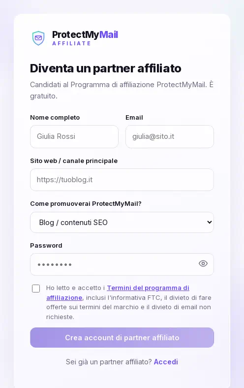 Il modulo di iscrizione: nome, email, sito web, canale di promozione, password e la casella dei termini
