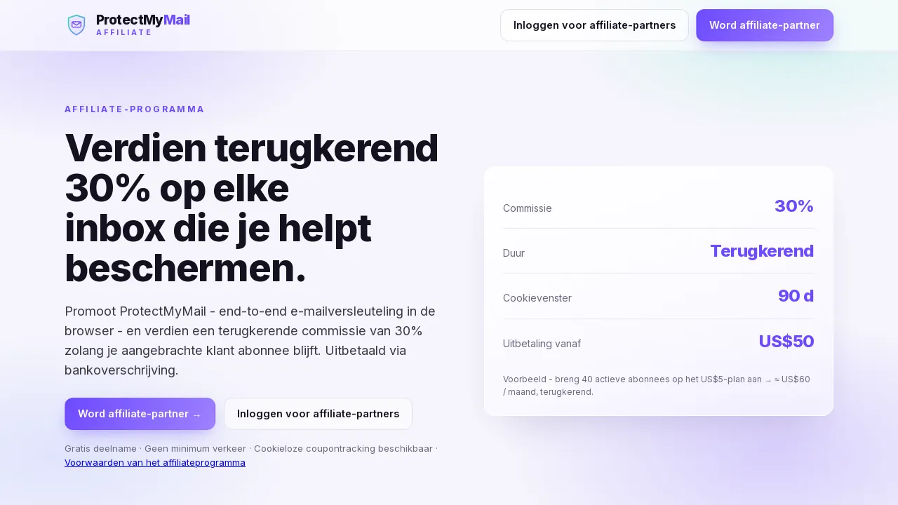 De startpagina van het affiliateportaal met de knop Word affiliate-partner