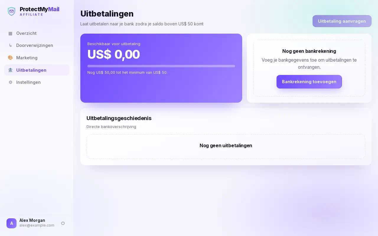 De pagina Uitbetalingen met het beschikbare saldo, de knop Uitbetaling aanvragen en de uitbetalingsrekening