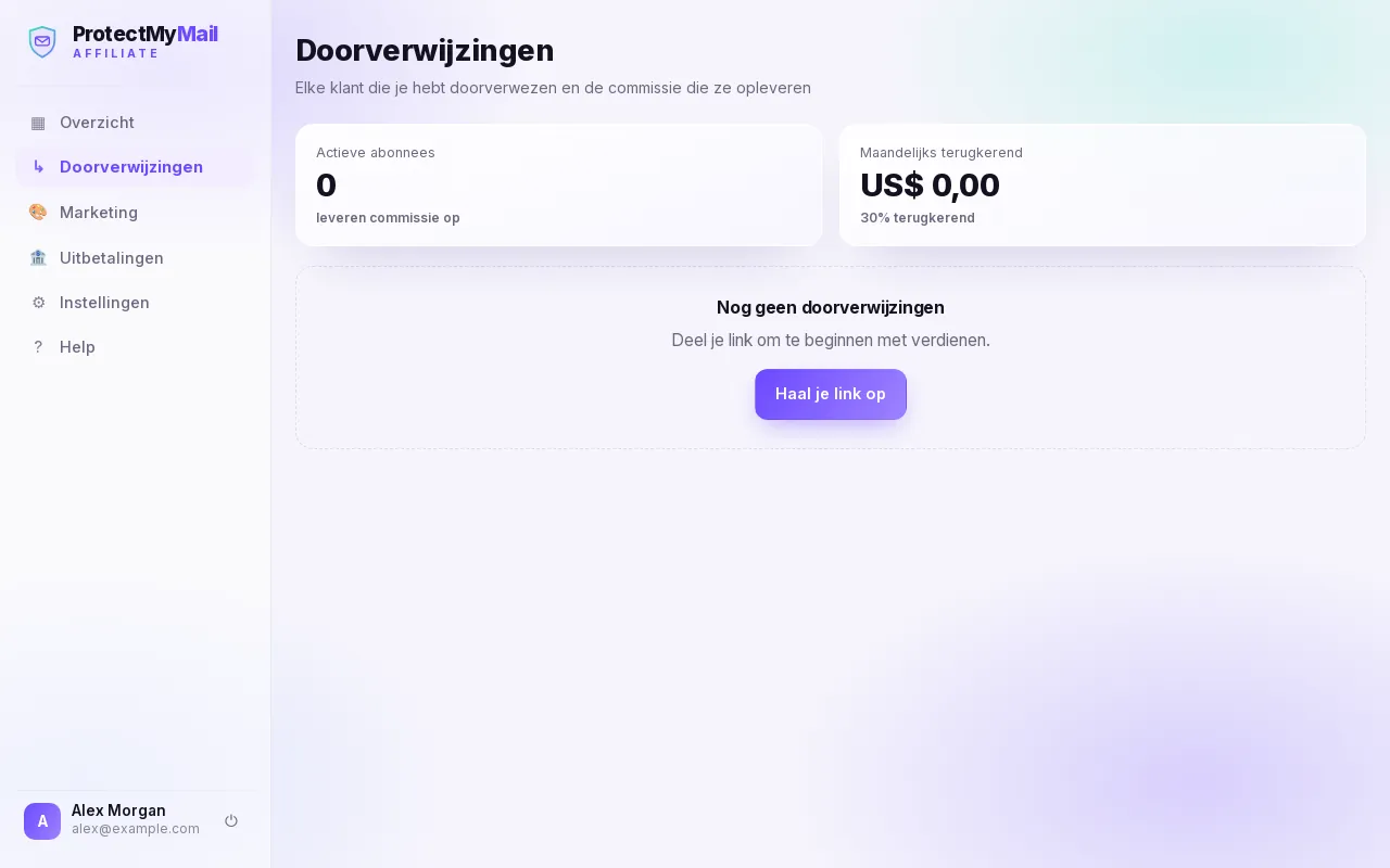 De pagina Doorverwijzingen met actieve abonnees en de maandelijks terugkerende commissie