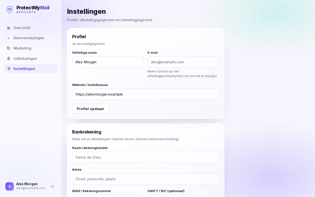 De pagina Instellingen met de formulieren voor profiel en bankrekening