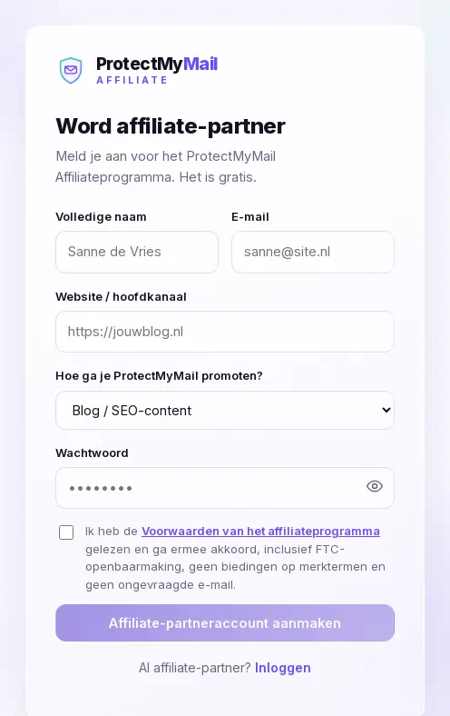 Het aanmeldformulier: naam, e-mail, website, promotiekanaal, wachtwoord en het vakje voor de voorwaarden