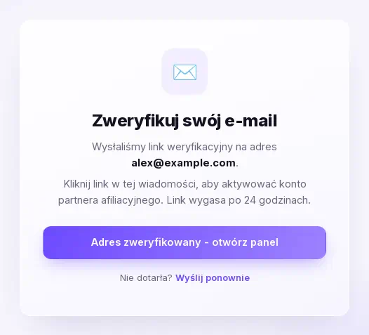 Ekran Zweryfikuj swój e-mail z linkiem Wyślij ponownie