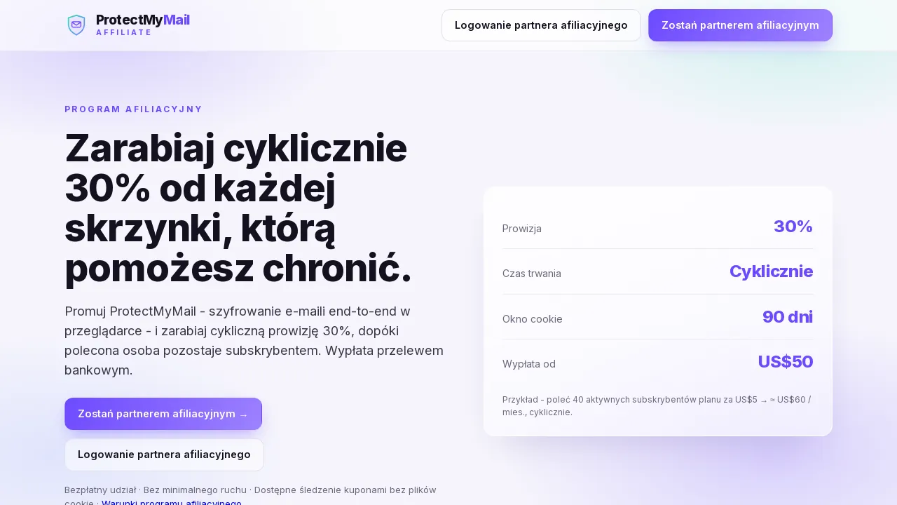 Strona startowa portalu afiliacyjnego z przyciskiem Zostań partnerem afiliacyjnym