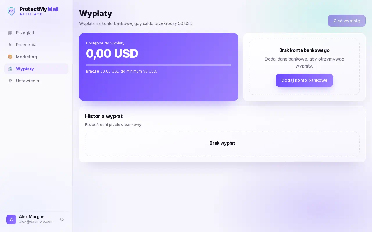 Strona Wypłaty z dostępnym saldem, przyciskiem Zleć wypłatę i kontem do wypłat