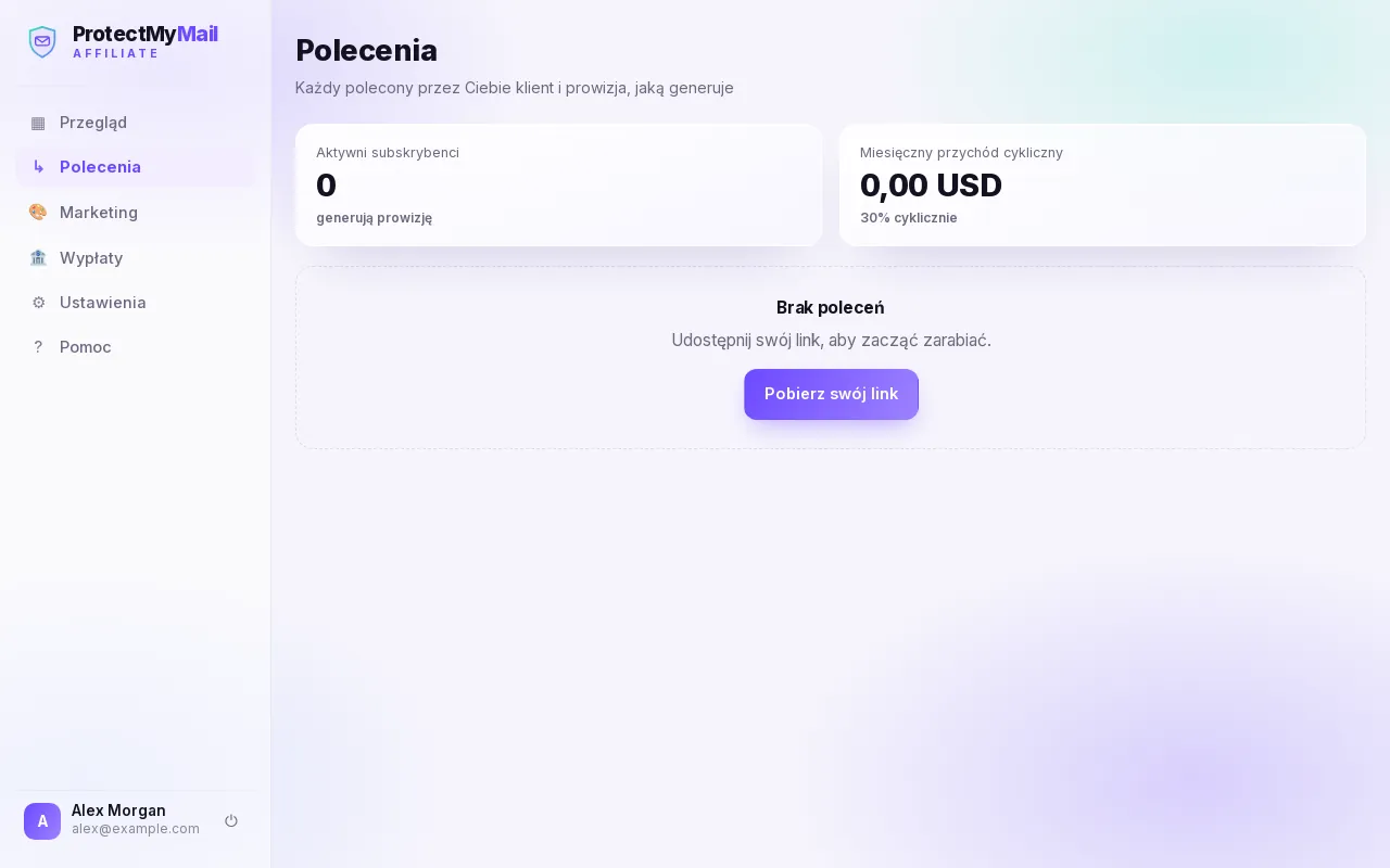 Strona Polecenia z aktywnymi subskrybentami i miesięczną prowizją cykliczną