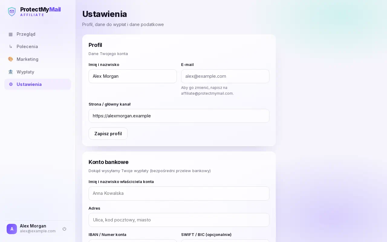 Strona Ustawienia z formularzami profilu i konta bankowego