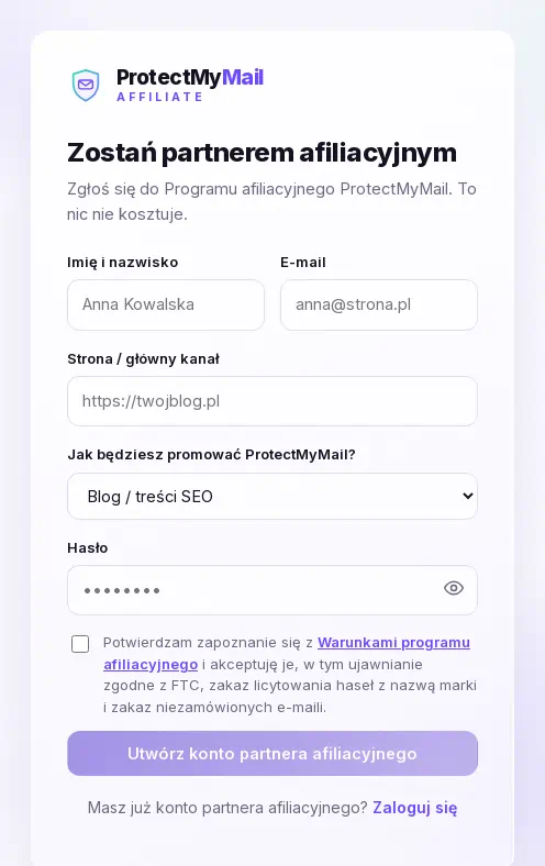 Formularz rejestracji: imię i nazwisko, e-mail, strona, kanał promocji, hasło i pole akceptacji warunków