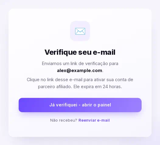 A tela Verifique seu e-mail com o link Reenviar e-mail