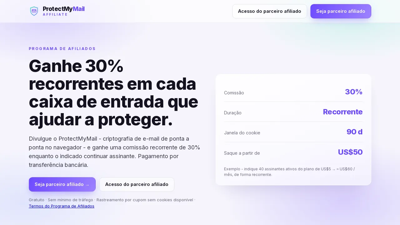 A página inicial do portal de afiliados com o botão Seja parceiro afiliado