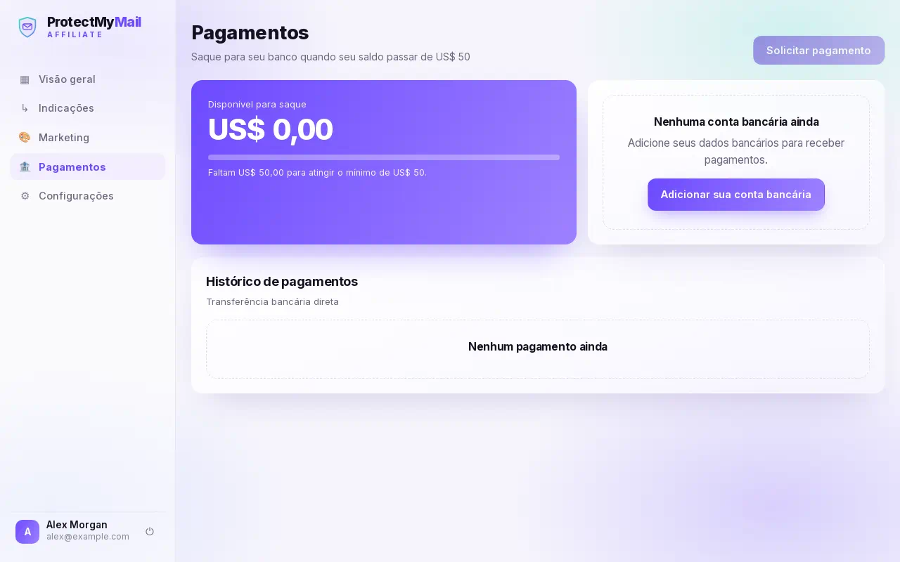 A página Pagamentos com o saldo disponível, o botão Solicitar pagamento e a conta de pagamento