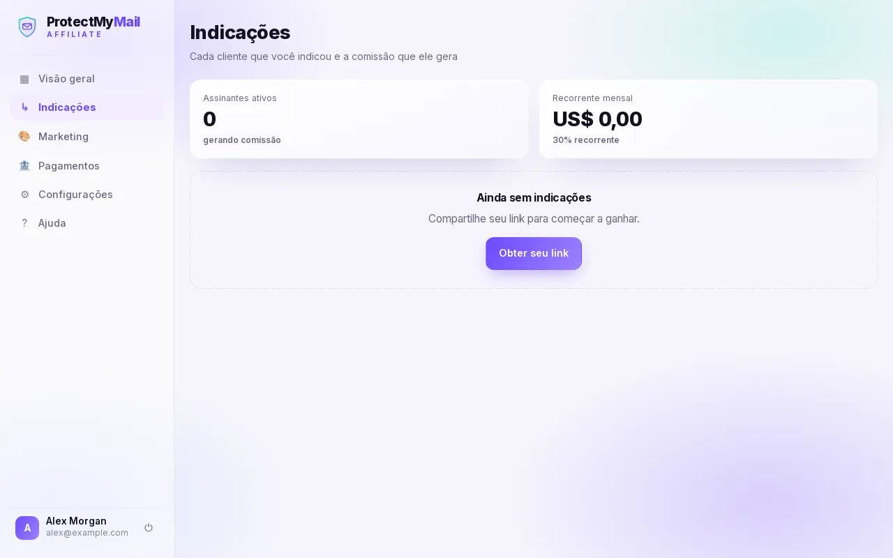 A página Indicações com os assinantes ativos e a comissão recorrente mensal