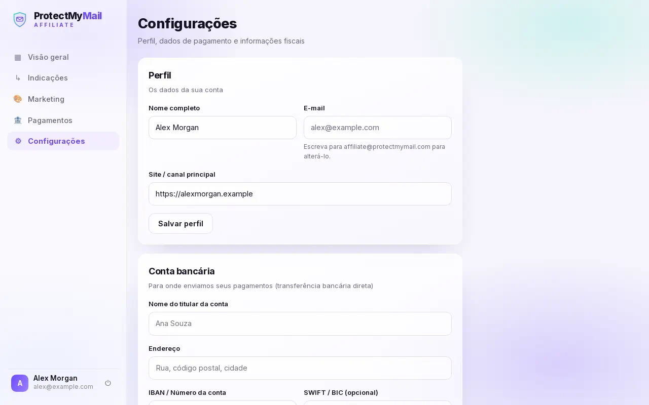 A página Configurações com os formulários de perfil e de conta bancária