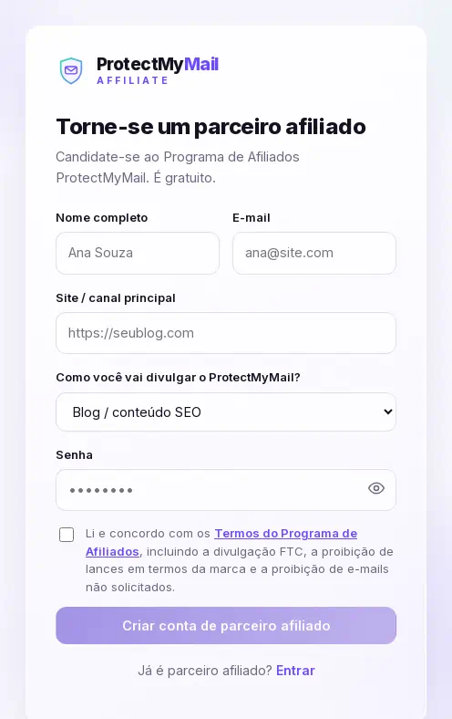 O formulário de cadastro: nome, e-mail, site, canal de divulgação, senha e a caixa dos termos