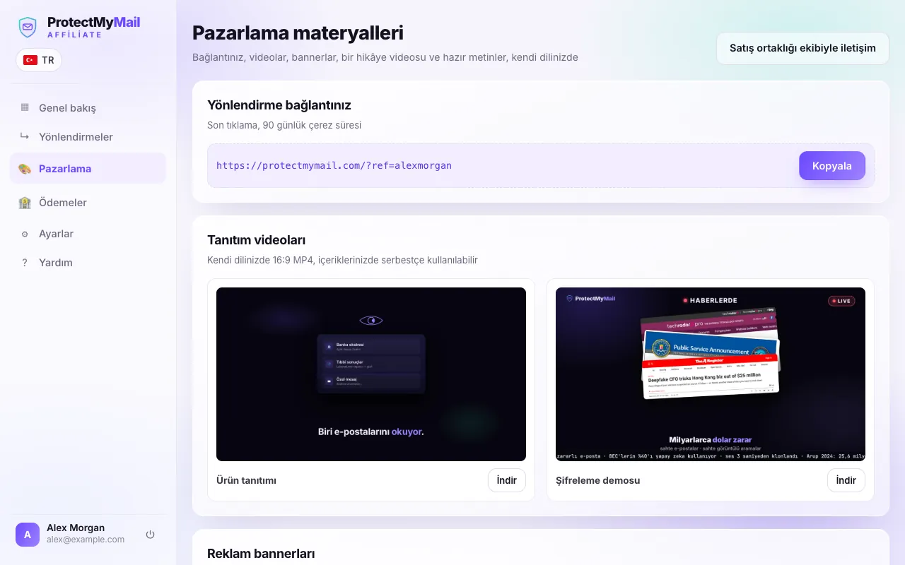 Kişisel yönlendirme bağlantısı, Kopyala düğmesi ve tanıtım videolarıyla Pazarlama sayfası