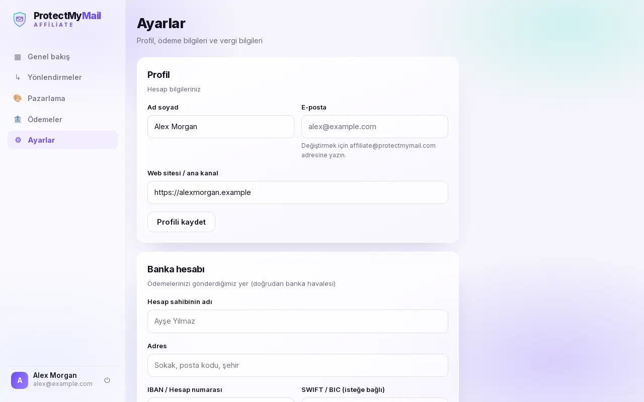 Profil ve banka hesabı formlarıyla Ayarlar sayfası
