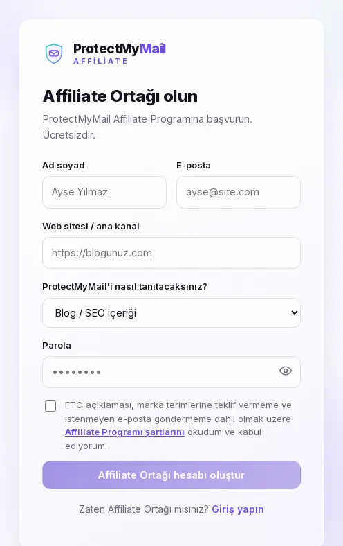Kayıt formu: ad, e-posta, web sitesi, tanıtım kanalı, parola ve şartlar onay kutusu