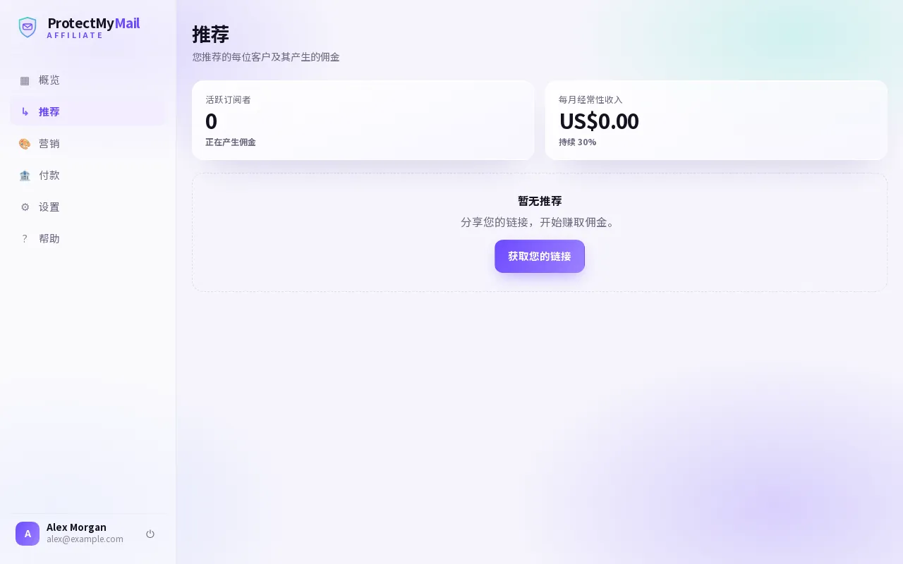 “推荐”页面，显示活跃订阅者和每月经常性佣金